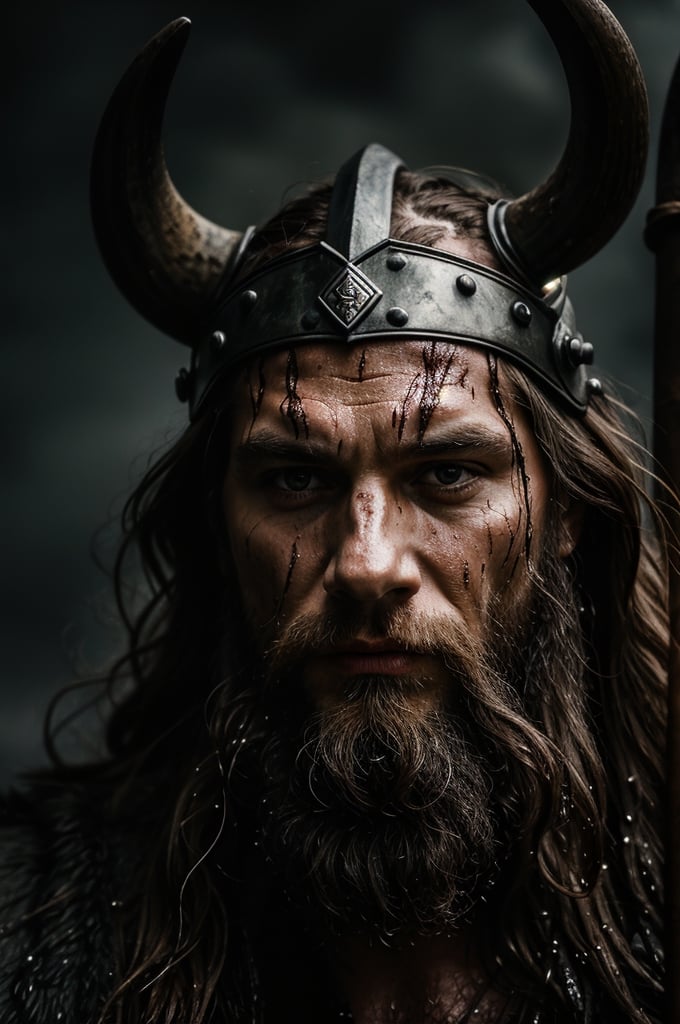 A close-up shot of a fierce Viking King, covered in dripping wet black mud, wearing a dark metal helmet with imposing black horns. His dark warpaint and scruffy black beard emphasize his angry expression, while a scar on his face tells a story of battles fought. The scene is bathed in cinematic lighting with dramatic volumetric rays, creating a moody and intense atmosphere. The Viking King grips his menacing Viking Axe
