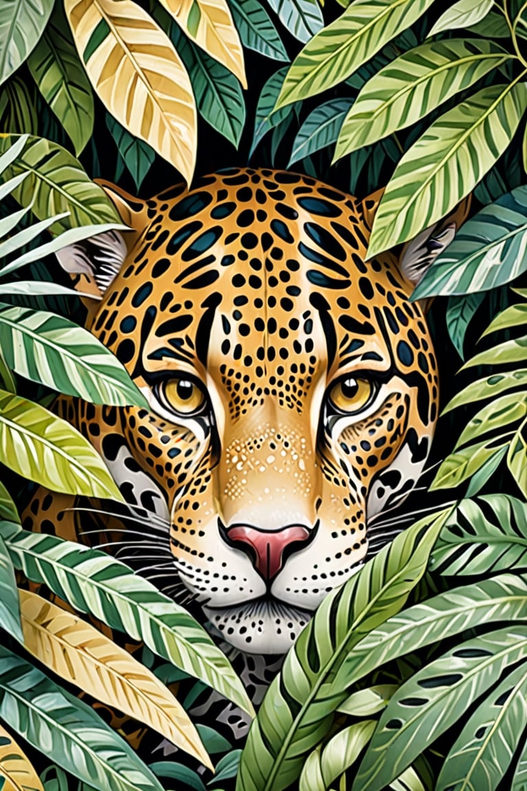 (Cinematic Photo:1.3) of (Ultra detailed:1.3) jaguar hiding behind the leaves in the rainforest, in the style of bloomsbury group, expressive character design, focus on joints/connections, leaf patterns, playful animation, shaped canvas, soft watercolours,Highly Detailed