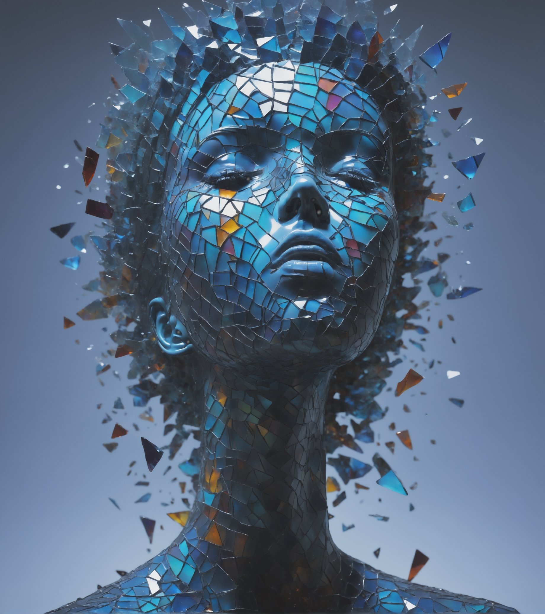 Made_of_pieces_broken_glass sculpture,solo,closed eyes,colored skin,glass,crack,broken glass,,shards