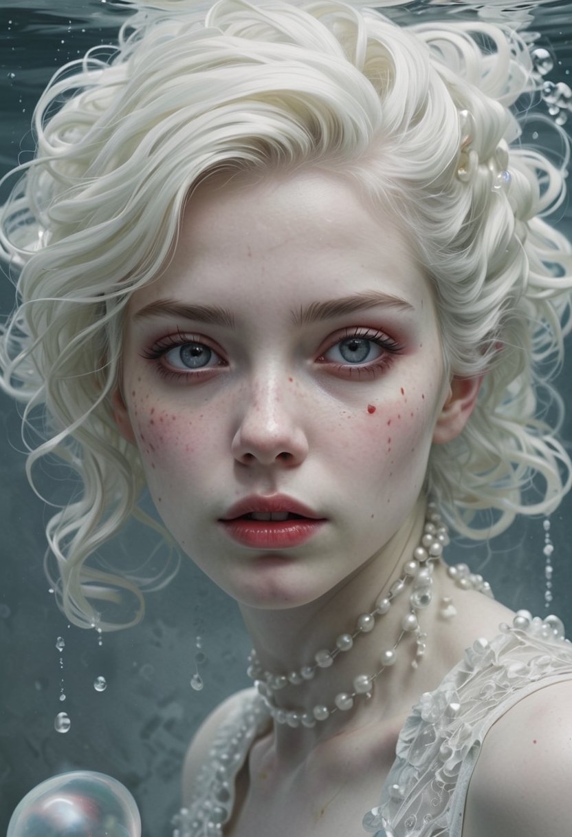 portrait of a woman under water, pale white skin and pale white hair, open red eyes, dynamic pose, dreamy, bubbles, soap bubbles, pearls, water beads, high quality, painting by Eve Ventrue and Mark Molchan, masterpiece, sleepy face, floating in deep water, dark water,realistic,ANIME 