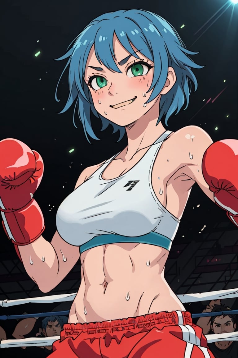 blue hair, green eyes, red boxing gloves, attack pose, smug, smirk, abs, sports bra, large breasts, from below, sweat, boxing ring backround, volumetric lighting, light particles,SD 1.5,ANIME 