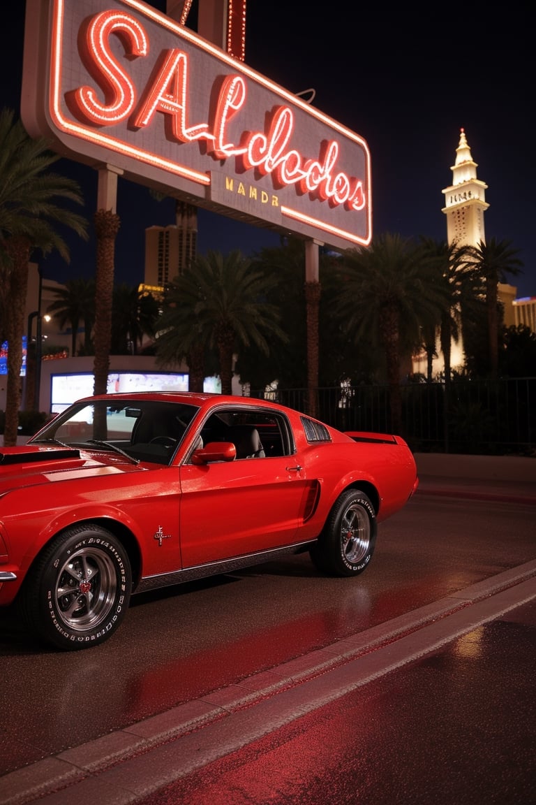 Photo of a classic red mustang car parked in las vegas strip at night,SD 1.5