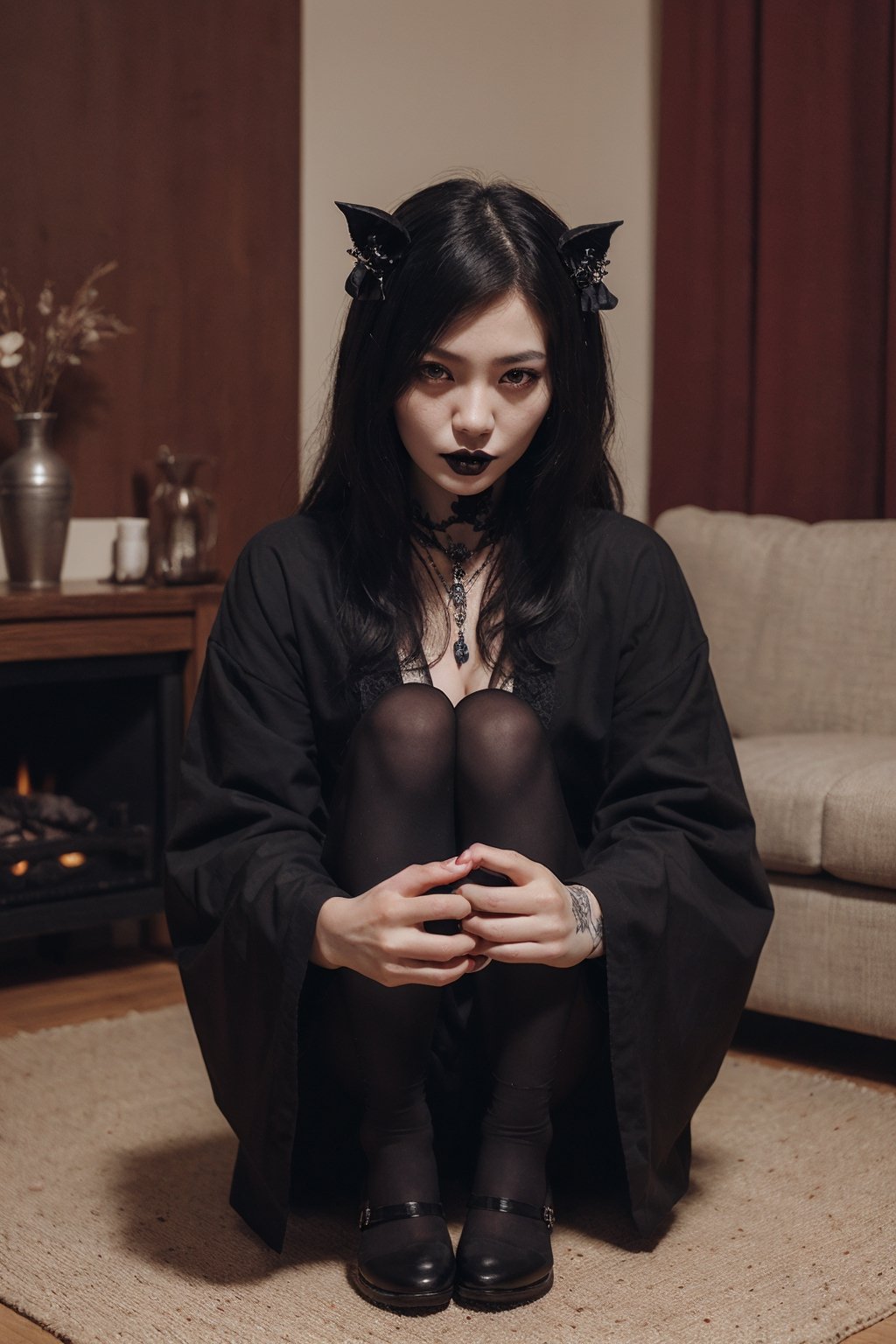 Korean sister, (goth:1.3),pale skin, knealing, brooding, (holding) lump of coal, livingroom,realhands,black cats,four_fingers,satanic,realistic