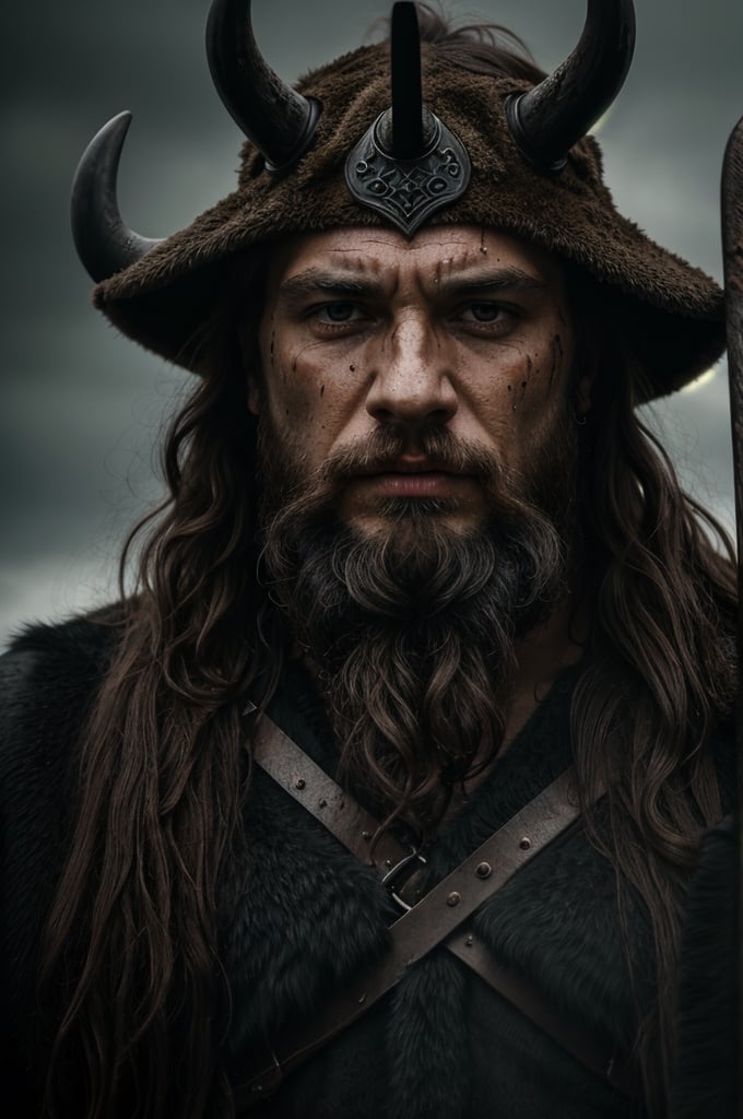 A close-up shot of a fierce Viking King, covered in dripping wet black mud, wearing a dark metal helmet with imposing black horns. His dark warpaint and scruffy black beard emphasize his angry expression, while a scar on his face tells a story of battles fought. The scene is bathed in cinematic lighting with dramatic volumetric rays, creating a moody and intense atmosphere. The Viking King grips his menacing Viking Axe
