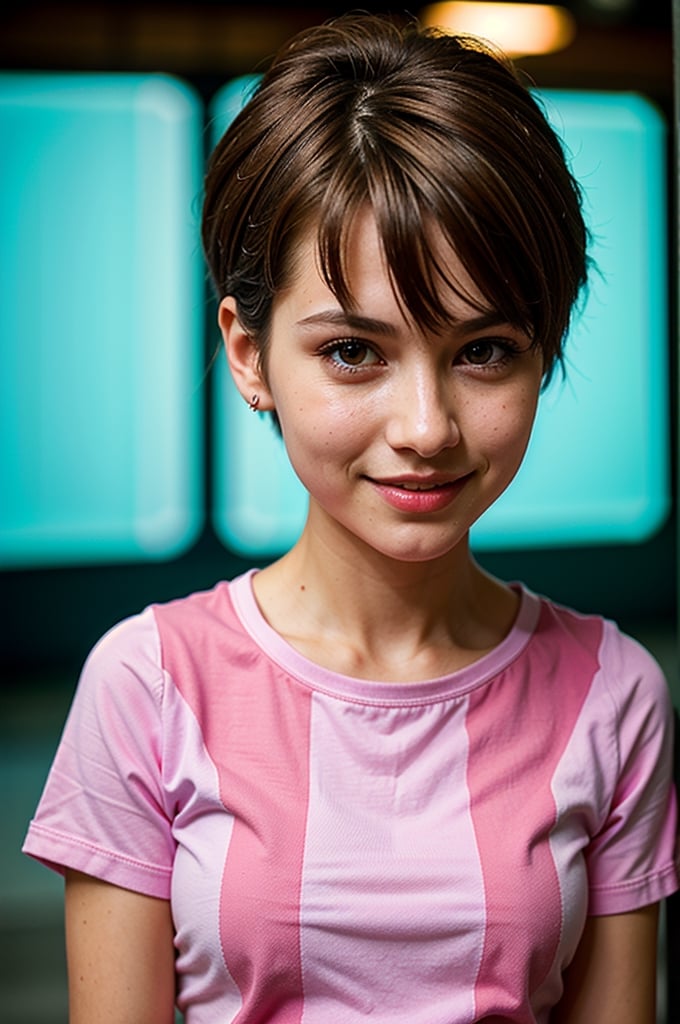 headshot, red checkered shirt, alleyway, short haircut, smile, soft colors, bokeh, masterpiece, high quality, (high detailed skin:1.1)  k8nacon
