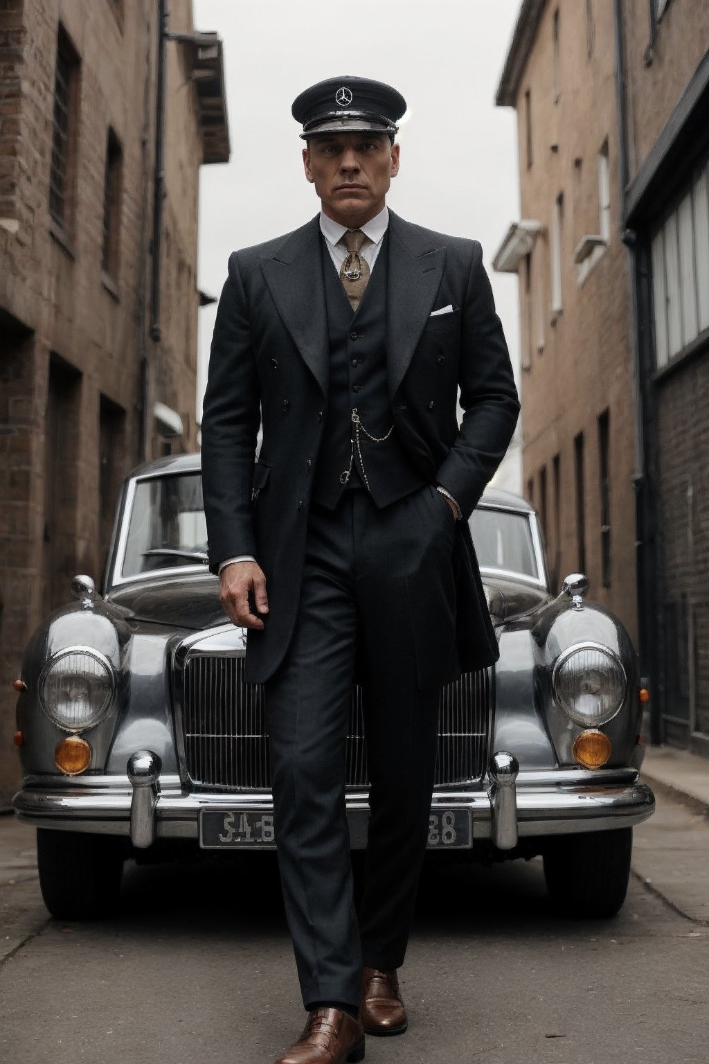 In a dimly lit alley, an opulent vintage Mercedes stands as a backdrop, emanating an aura of class and mystique. Three impeccably dressed men, epitomizing the essence of the Peaky Blinders era, stand in a row. The man at the forefront, sporting a sharp tailored suit and a sleek flat cap tilted at just the right angle, exudes confidence. His stern gaze and hardened features define his fierce and cunning nature. He leans on the car, emanating an air of authority. Beside him stands another man, equally dapper in his attire, his coat buttoned and a gold pocket watch dangling from a chain. His face carries a sense of stoicism, revealing a history of challenges and triumphs. His eyes, sharp and calculating, hint at a keen intellect. The third man, slightly in the background but still noticeable, is impeccably dressed as well. His attire, a blend of vintage fashion and modern flair, showcases his rebellious spirit. A carefully groomed beard and intense, piercing eyes complete his rugged yet refined look. In the midst of this charismatic trio, two fierce bulldogs stand guard, exuding a sense of loyalty and ferocity. Their determined expressions and muscular stature reinforce the aura of strength and power surrounding the men. The combination of the vintage Mercedes, the iconic fashion, and the fierce bulldogs perfectly encapsulates the essence of the Peaky Blinders era, creating an image that is both timeless and captivating ,PinchingPOV,SD 1.5,base model