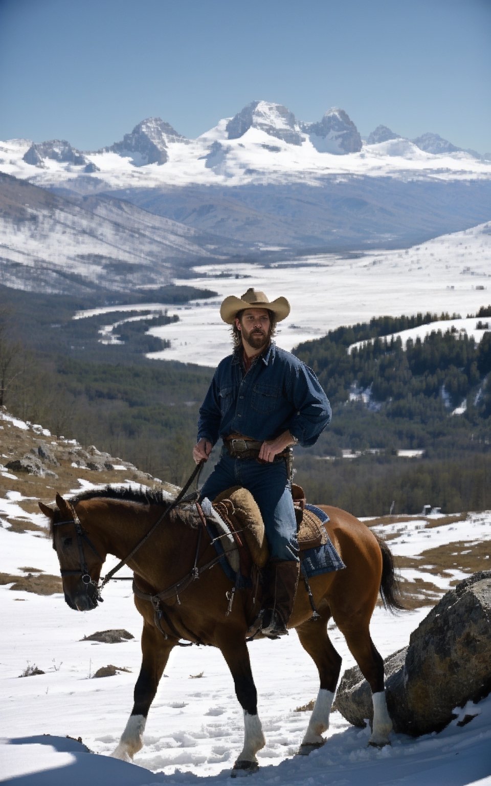 hyper-detailed,  photorealistic,  ultra photoreal,  cinematic shading
Portrait of a cowboy near a grassy field with snow capped mountains on the background,
Accurate anatomy.
Make the design photographic and with ultra realistic details., realistic, photorealistic, character, cinematic moviemaker style,photorealistic,FilmGirl,realistic,renaissance,3va,oil painting,SD 1.5