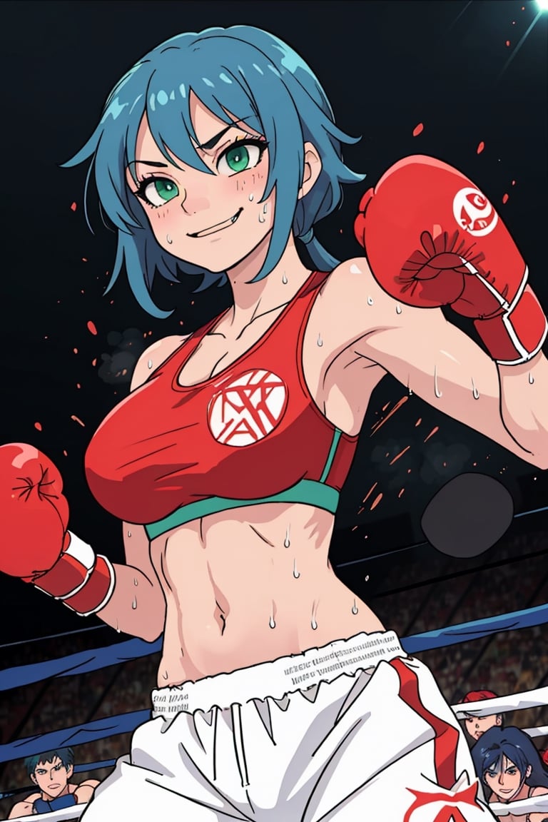 blue hair, green eyes, red boxing gloves, attack pose, smug, smirk, abs, sports bra, large breasts, from below, sweat, boxing ring backround, volumetric lighting, light particles,SD 1.5,ANIME 