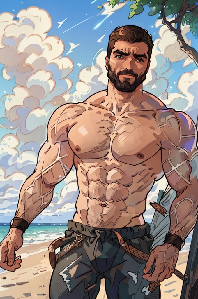 Highly detailed, High Quality, Masterpiece, beautiful, DrakePostingMeme, , 1boy, upper body, gigachad, in the beach,LightningPunkAI anime zoomed ,gigachad,paper_cut,xjrex colorful ultra realistic ,pixel_art,xjrex , muscular body
