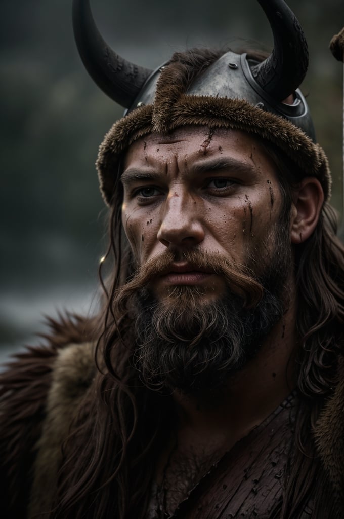 A close-up shot of a fierce Viking King, covered in dripping wet black mud, wearing a dark metal helmet with imposing black horns. His dark warpaint and scruffy black beard emphasize his angry expression, while a scar on his face tells a story of battles fought. The scene is bathed in cinematic lighting with dramatic volumetric rays, creating a moody and intense atmosphere. The Viking King grips his menacing Viking Axe
