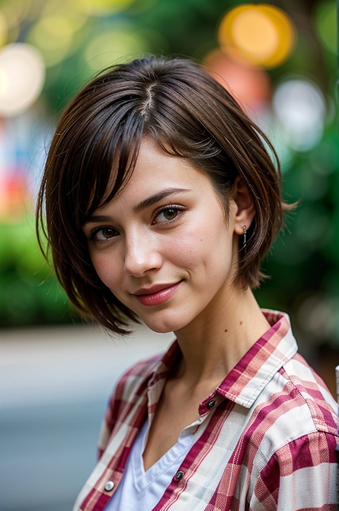 headshot, red checkered shirt, alleyway, short haircut, smile, soft colors, bokeh, masterpiece, high quality, (high detailed skin:1.1)  k8nacon
