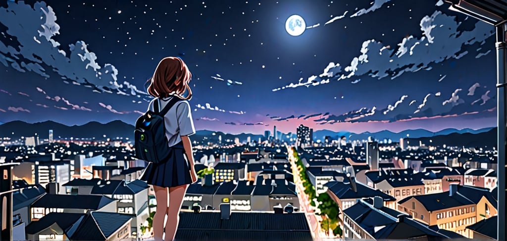 masterpiece, top quality, best quality, official art, beautiful and aesthetic, extreme detailed, colorful, highest detailed, (solo:1.5), a girl in Cityscape, Aerial View, night, moon, a girl,backview, school girl, serafuku, cute girl,
