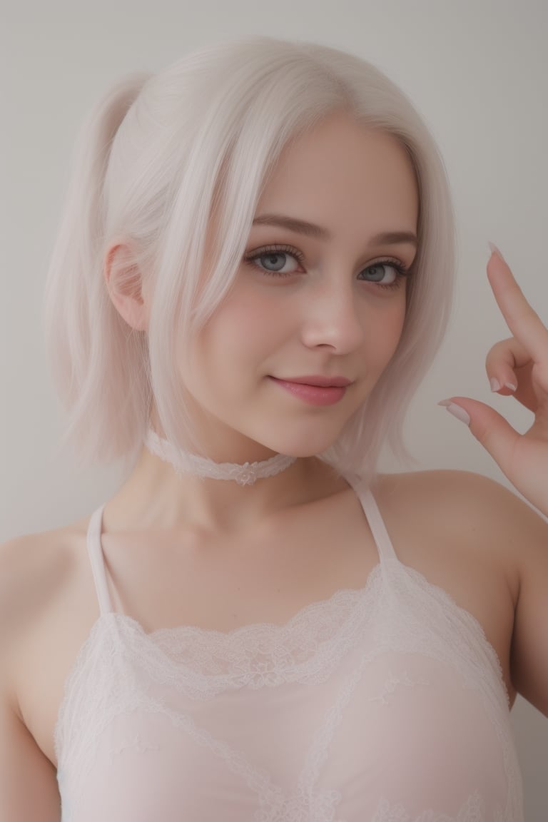 1girl, heart-shaped pupils, fingernails, white hair, purple eyes, (blush:1.1), choker, upper body, trembling, sweat, sweatdrop, heart, (medium breasts:0.6), love, heart, crop top, happy, smile, lace, bokeh, (freckles:0.8), natural skin texture, portrait,realistic