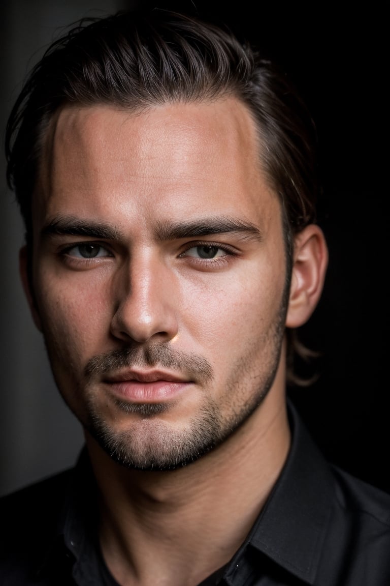high quality, face portrait photo of 30 y.o european man, wearing black shirt, serious face, detailed face, skin pores, cinematic shot, dramatic lighting,SD 1.5