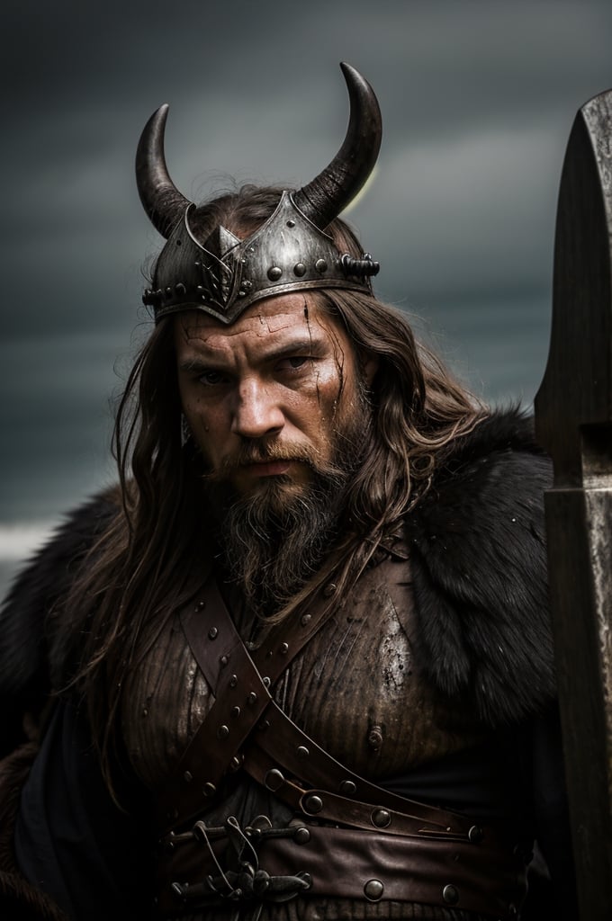 A close-up shot of a fierce Viking King, covered in dripping wet black mud, wearing a dark metal helmet with imposing black horns. His dark warpaint and scruffy black beard emphasize his angry expression, while a scar on his face tells a story of battles fought. The scene is bathed in cinematic lighting with dramatic volumetric rays, creating a moody and intense atmosphere. The Viking King grips his menacing Viking Axe
