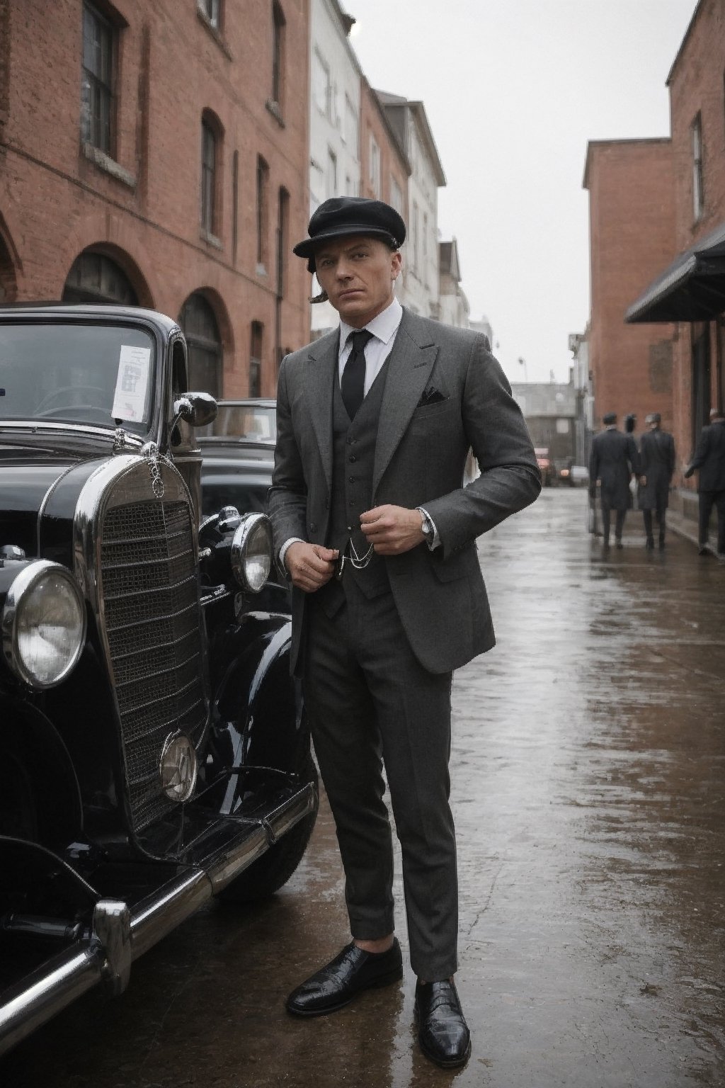 
In a dimly lit alley, an opulent vintage Mercedes stands as a backdrop, emanating an aura of class and mystique. Three impeccably dressed men, epitomizing the essence of the Peaky Blinders era, stand in a row. The man at the forefront, sporting a sharp tailored suit and a sleek flat cap tilted at just the right angle, exudes confidence. His stern gaze and hardened features define his fierce and cunning nature. He leans on the car, emanating an air of authority. Beside him stands another man, equally dapper in his attire, his coat buttoned and a gold pocket watch dangling from a chain. His face carries a sense of stoicism, revealing a history of challenges and triumphs. His eyes, sharp and calculating, hint at a keen intellect. The third man, slightly in the background but still noticeable, is impeccably dressed as well. His attire, a blend of vintage fashion and modern flair, showcases his rebellious spirit. A carefully groomed beard and intense, piercing eyes complete his rugged yet refined look. In the midst of this charismatic trio, two fierce bulldogs stand guard, exuding a sense of loyalty and ferocity. Their determined expressions and muscular stature reinforce the aura of strength and power surrounding the men. The combination of the vintage Mercedes, the iconic fashion, and the fierce bulldogs perfectly encapsulates the essence of the Peaky Blinders era, creating an image that is both timeless and captivating ,PinchingPOV,SD 1.5