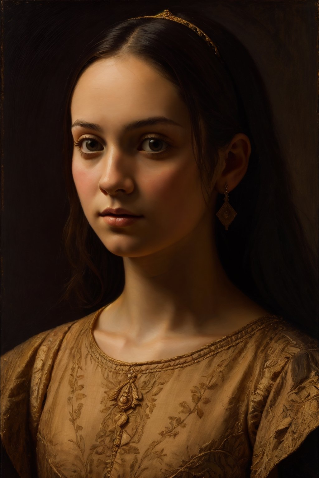 renaissaince style portrait, beautiful young woman . oil painting, Rembrandt lighting, dark and moody style,pp_v3,SD 1.5