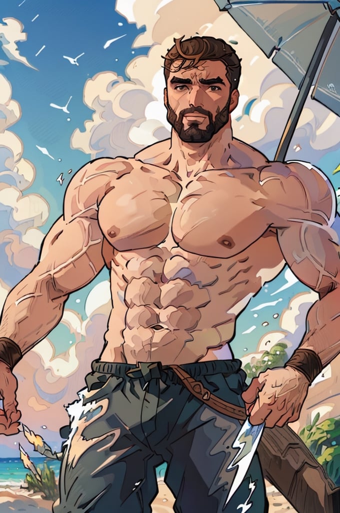 Highly detailed, High Quality, Masterpiece, beautiful, DrakePostingMeme, , 1boy, upper body, gigachad, in the beach,LightningPunkAI anime zoomed ,gigachad,paper_cut,xjrex colorful ultra realistic ,pixel_art,xjrex , muscular body
