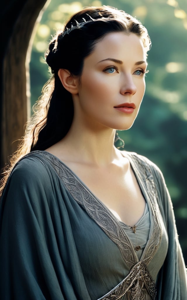 photo of arwen undomiel from Lord of the Rings, film grain, dramatic cinematic lut,realistic,character,photorealistic,Pixel art,style,ANIME 