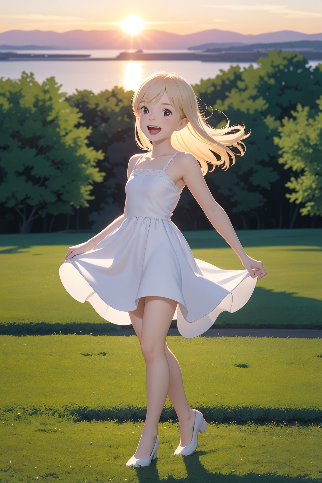 score_9, score_8_up, score_7_up, source_real, pretty young girl, tiny,  long blond_hair, wearing a cute light white dress, a little reaveling, happy, visibly_happy, at the park, sunset, full_body, 