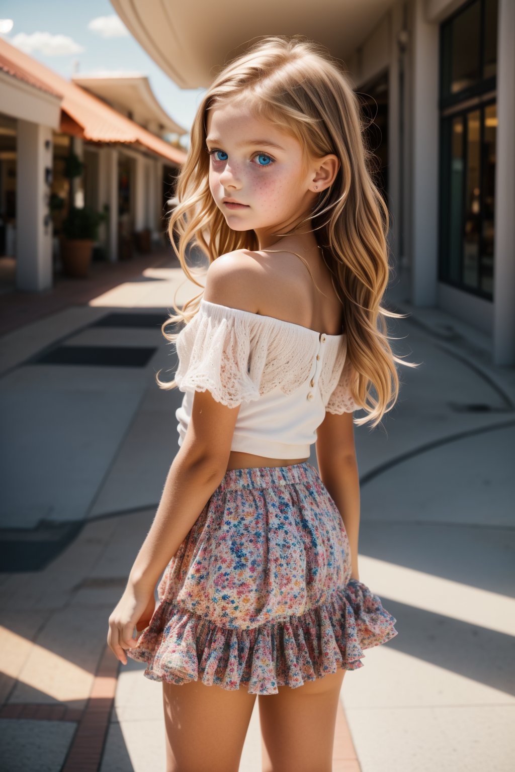 pretty young girl, 8 years old, tween, childlike features, perfect shot, perfect eyes, ginger hair, messy hair, long hair, some freckles on the skin, perfect mounth, no smile, sensual, loli, naughty, wearing a cute floral micro-skirt and off-the-shoulder cropped top, at the shopping mall, full_body, back view, down view, real photo, photorealistic, best quality, 8K, 4K, soft collors, dynamic positions