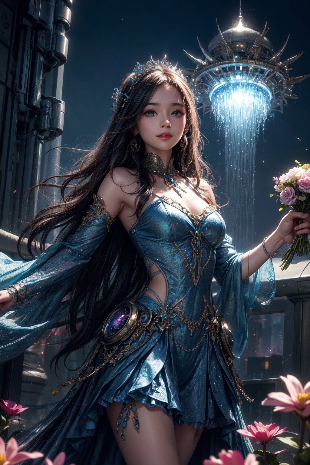 A vibrant young girl, radiating charm, holds a bouquet of vivid flowers while standing in an enchanting landscape reminiscent of Wonderland. In the backdrop, a futuristic alien city towers into the sky, bathed in a mystical blue glow. With a radiant smile and open arms, the girl seems to invite the extraterrestrial guests, presenting her own corner of magic in this fantastical sci-fi realm.