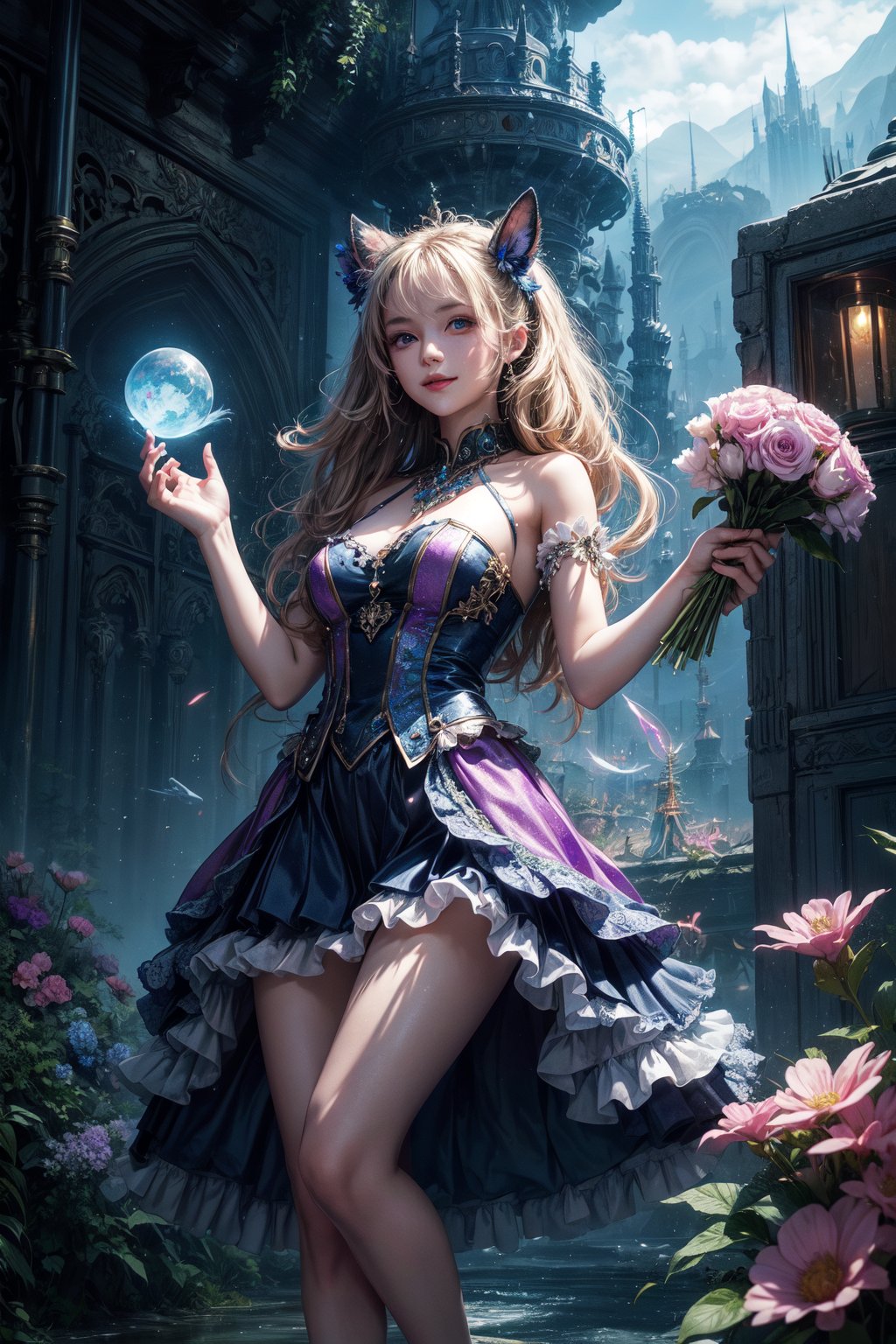 A vibrant young girl, radiating charm, holds a bouquet of vivid flowers while standing in an enchanting landscape reminiscent of Wonderland. In the backdrop, a futuristic alien city towers into the sky, bathed in a mystical blue glow. With a radiant smile and open arms, the girl seems to invite the extraterrestrial guests, presenting her own corner of magic in this fantastical sci-fi realm.