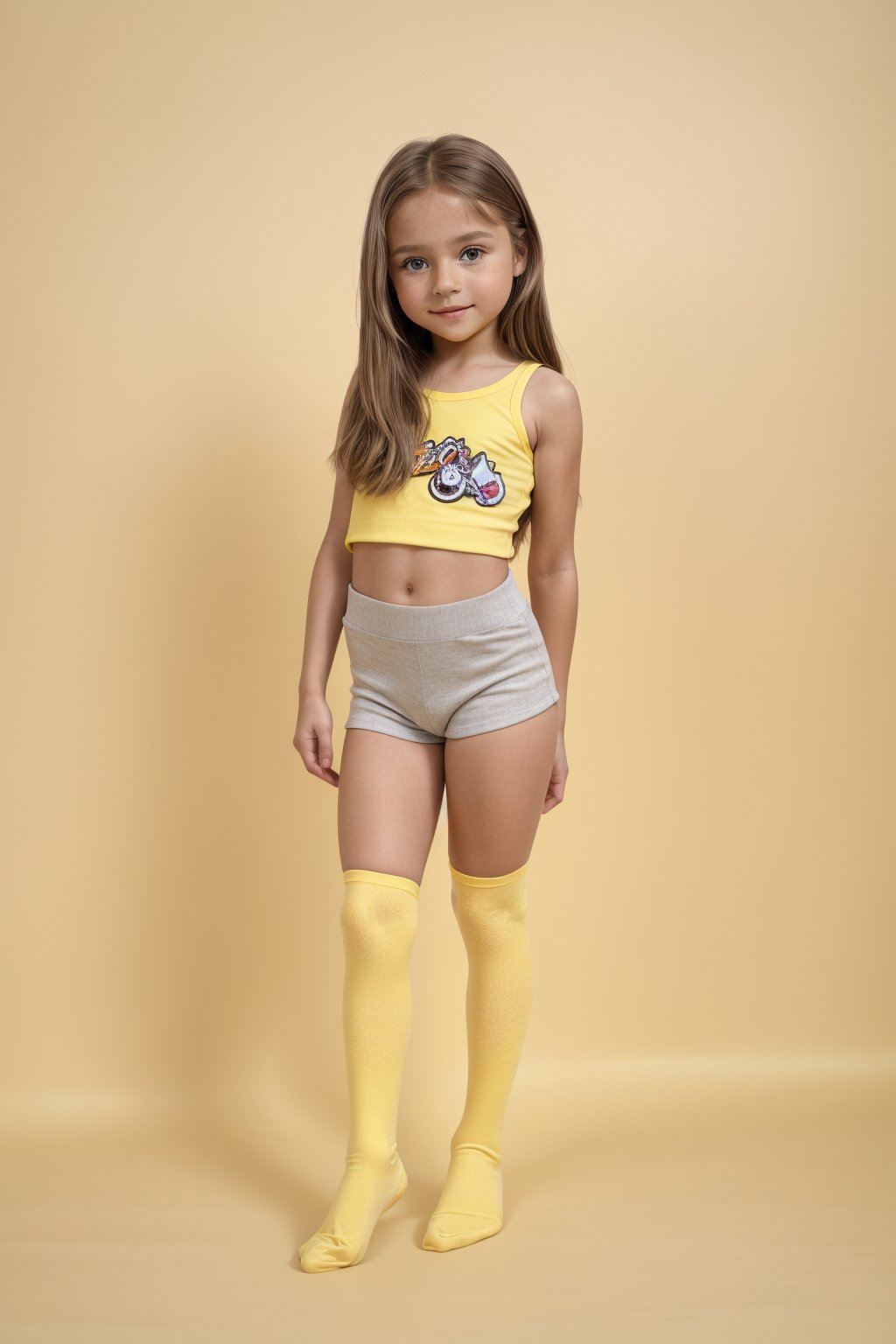 A young girl, around 11 years old, with a petite build and a mini-style, stands in alluring pose and the legs are slightly open. childish colorful wear with thigh high socks, looking down with a mixture of curiosity and embarrassment against a bright yellow background.(bright yellow background)