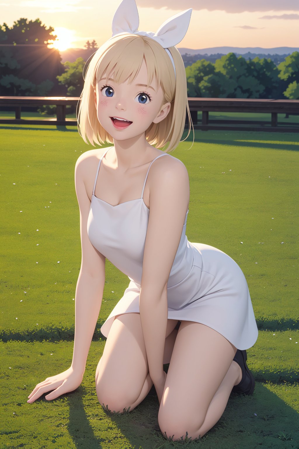 score_9, score_8_up, score_7_up, source_real, pretty young girl, tiny,  blond_hair, long hair, wearing a very cute short light white dress, panties a little reaveling, happy, visibly_happy, at the park, sunset, all_fours, full_body, 