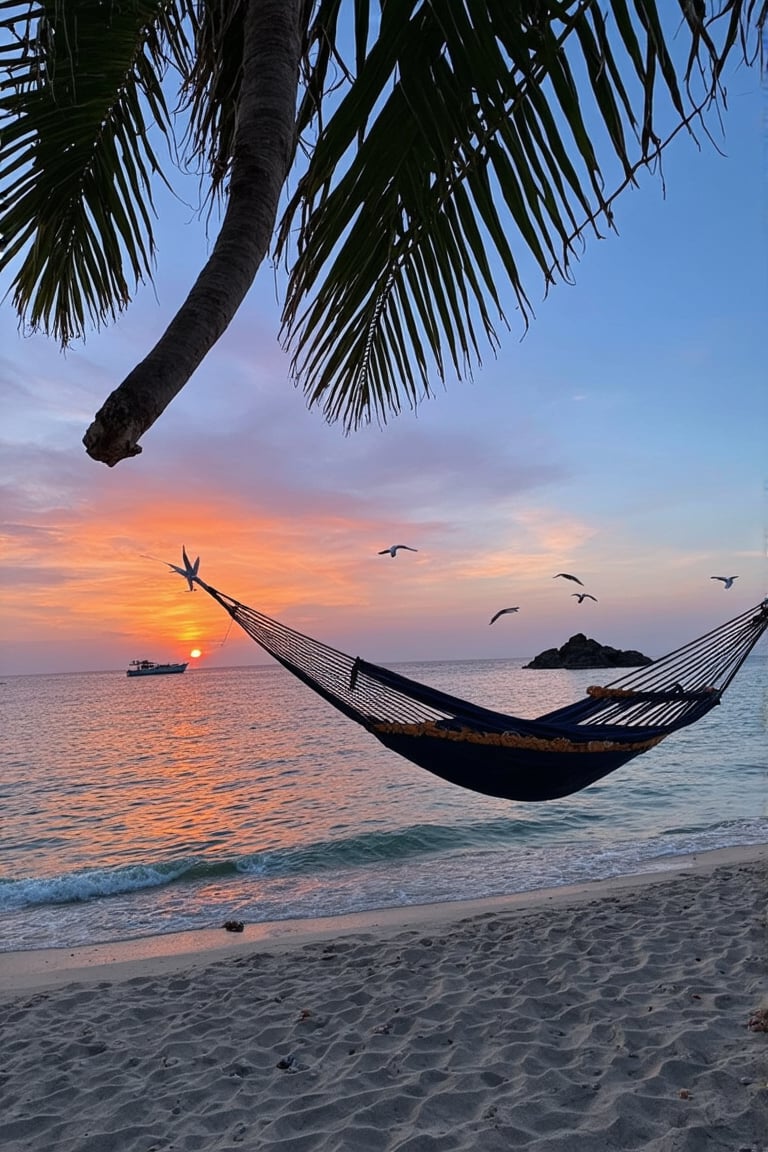 A stunning scene unfolds on an idyllic beach: the sun sets over the horizon, painting the sky with shades of orange, pink and purple. The crystal clear waters of the ocean reflect this spectacle of colors, while gentle waves lap at the fine white sand. Tall, slender palms arch over the beach, their leaves swaying in rhythm with the gentle breeze. Black rocks, sculpted by time, emerge from the water at strategic points, adding a dramatic contrast to the landscape.

Near the waterline, multicolored shells and starfish are scattered about, sparkling in the light of the setting sun. In the distance, a small fishing boat sails slowly, silhouetted against the burning sky, while seagulls fly in circles, completing the image of tranquility. A hammock is stretched between two palm trees, offering the perfect place to enjoy the view. The sea breeze carries the salty scent of the ocean, mixed with the sweet scent of tropical flowers that grow near the shore. This tropical retreat exudes a sense of peace and untouched beauty, where time seems to stand still and nature reveals all its magnificence.