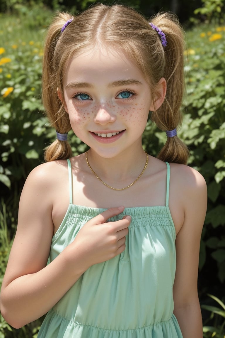 A delicate, freckled-skinned tween girl, 10 yo, bursting with youthful energy, frolics in a lush, emerald-green Austrian alpine garden, surrounded by vibrant wildflowers and the gentle mist of a cascading waterfall. Her bright, cerulean-blue eyes sparkle with joy as she twirls, her golden-blonde pigtails bouncing with each carefree movement. Soft sunlight casts a warm glow on her rosy cheeks, accentuating the beauty of her beaming smile.