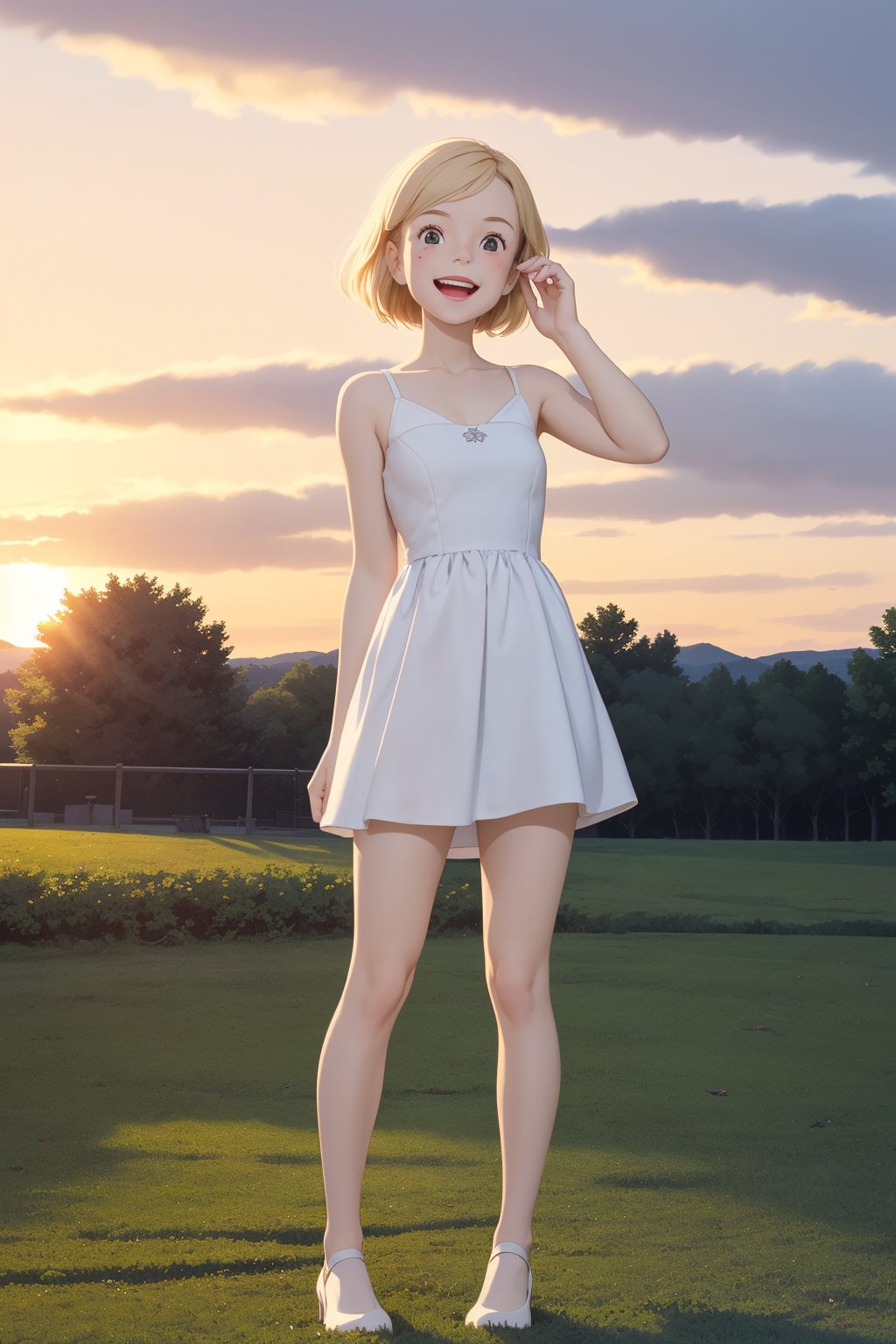 score_9, score_8_up, score_7_up, source_real, pretty young girl, tiny,  blond_hair, long hair, wearing a very cute short light white dress, panties a little reaveling, happy, visibly_happy, at the park, sunset, all_fours, full_body, 