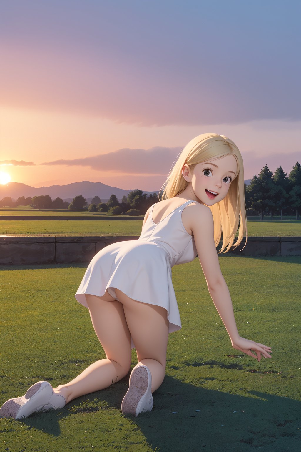 score_9, score_8_up, score_7_up, source_real, pretty young girl, tiny,  blond_hair, long hair, wearing a very cute short light white dress, panties a little reaveling, happy, visibly_happy, at the park, sunset, all_fours, full_body, 