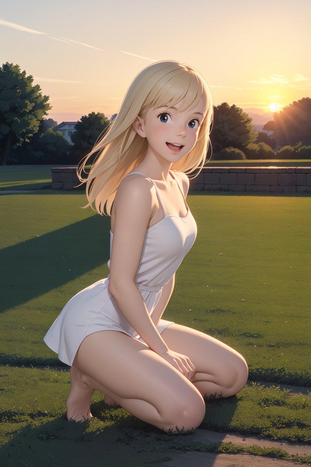 score_9, score_8_up, score_7_up, source_real, pretty young girl, tiny,  blond_hair, long hair, wearing a very cute short light white dress, panties a little reaveling, happy, visibly_happy, at the park, sunset, all_fours, full_body, 