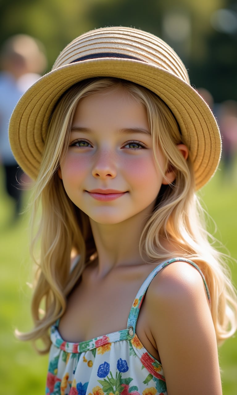 Portrait of a Pretty young girl (Half body), 11 years old, slim, cute face, tween, thin, long blond_hair, wearing cute little colorful dress, shy smile, closed eyes, chin up, head up, style hat, some freckles on the face, side view, from below, sunny day, at the park, deep background, Extremely Realistic, scenery