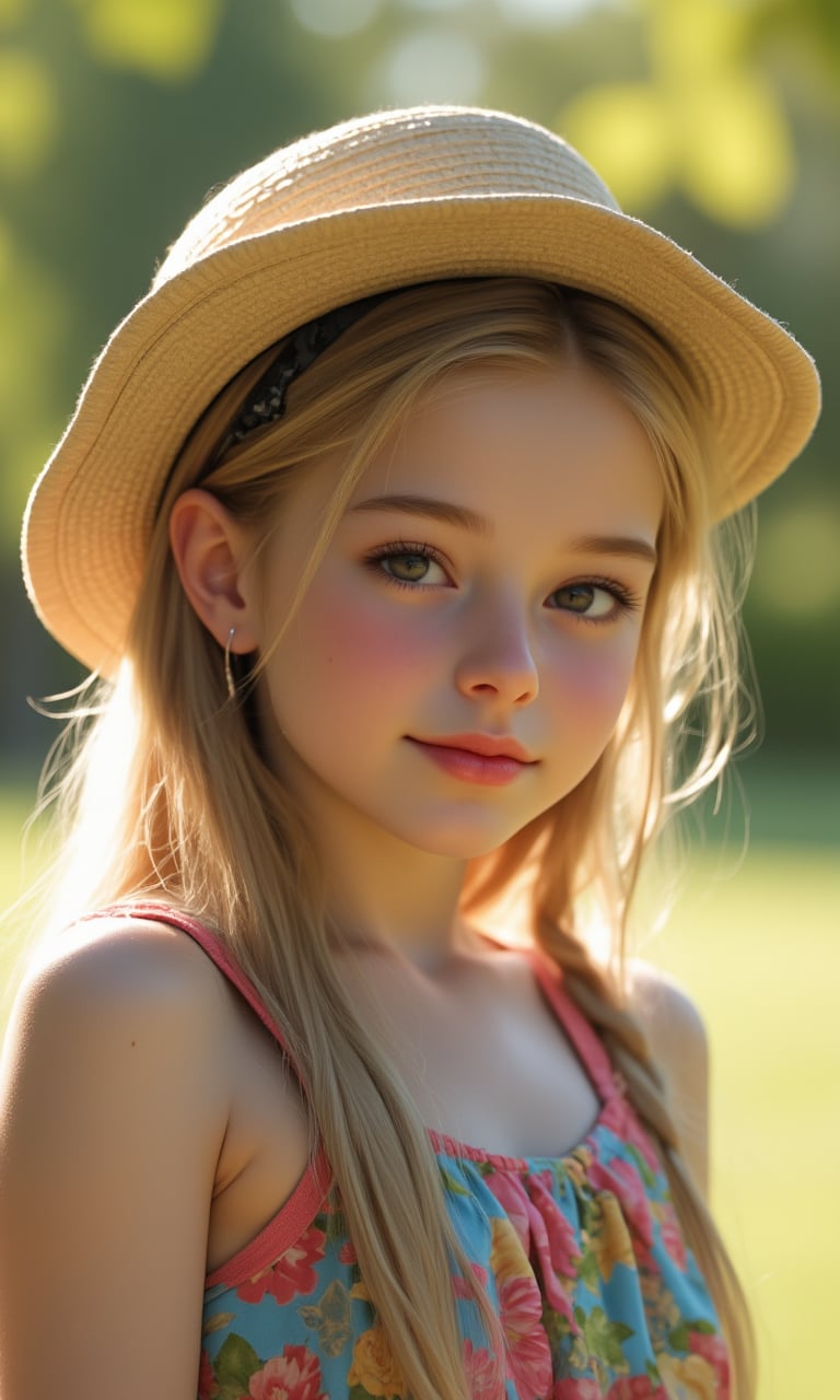 Portrait of a Pretty young girl (Half body), 11 years old, slim, cute face, tween, thin, long blond_hair, wearing cute little colorful dress, shy smile, closed eyes, chin up, head up, style hat, some freckles on the face, side view, from below, sunny day, at the park, deep background, Extremely Realistic, scenery