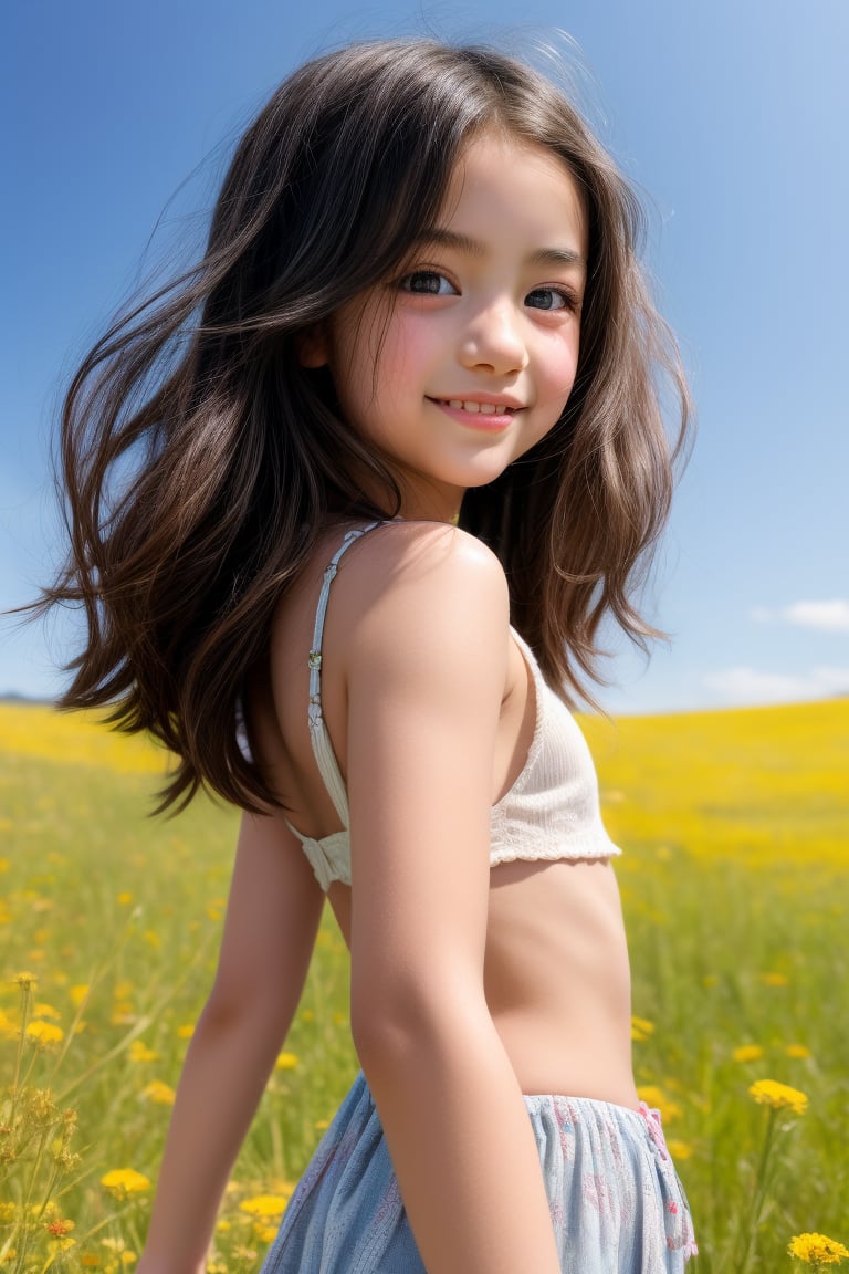 A preteen dream, a tween girl with an alluring charm, posing in a sunny meadow, her petite frame and sweet smile drawing the viewer's gaze. Her well-formed body is highlighted by a gentle breeze rustling her hair as she gazes off into the distance, exuding innocence and curiosity.