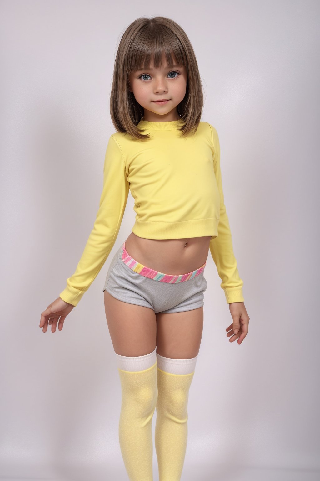 A young girl, around 11 years old, with a petite build and a mini-style, stands in alluring pose and the legs are slightly open. childish colorful wear with thigh high socks, looking down with a mixture of curiosity and embarrassment against a bright yellow background.(bright yellow background)