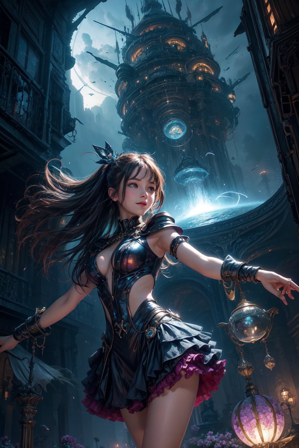 A vibrant young girl, radiating charm, holds a bouquet of vivid flowers while standing in an enchanting landscape reminiscent of Wonderland. In the backdrop, a futuristic alien city towers into the sky, bathed in a mystical blue glow. With a radiant smile and open arms, the girl seems to invite the extraterrestrial guests, presenting her own corner of magic in this fantastical sci-fi realm.