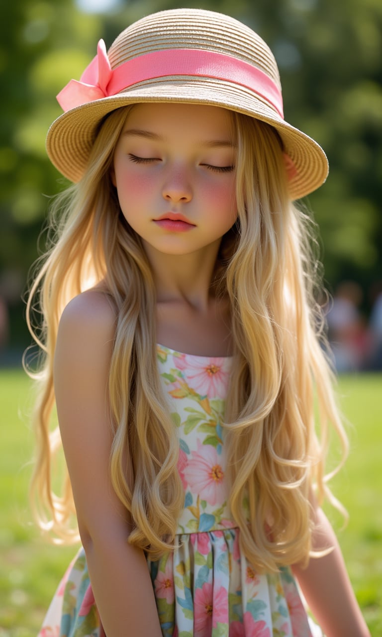 Portrait of a Pretty young girl (Half body), 11 years old, slim, cute face, tween, thin, long blond_hair, wearing cute little colorful dress, shy smile, closed eyes, chin up, head up, style hat, some freckles on the face, side view, from below, sunny day, at the park, deep background, Extremely Realistic, scenery