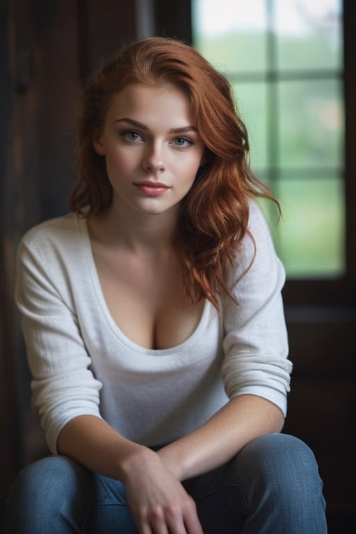 22yo russian redhead girl in old house, ((full body length)),(skinny:1.3, large breasts:1.1, firm breasts), wearing a plain cropped tshirt and loose cotton trousers, (shot from distance),  full body length shot,  depth of field,  (gorgeous:1.2, sexy),  detailed face,  dark theme,  night,  soothing tones,  dark colors,  high contrast,  (natural skin texture,  soft light,  sharp), (freckles:0.3),  (acne:0.3),  (messy hair:0.1),  Ultra detailed, best possible quality, Cannon EOS 5D Mark III,  85mm