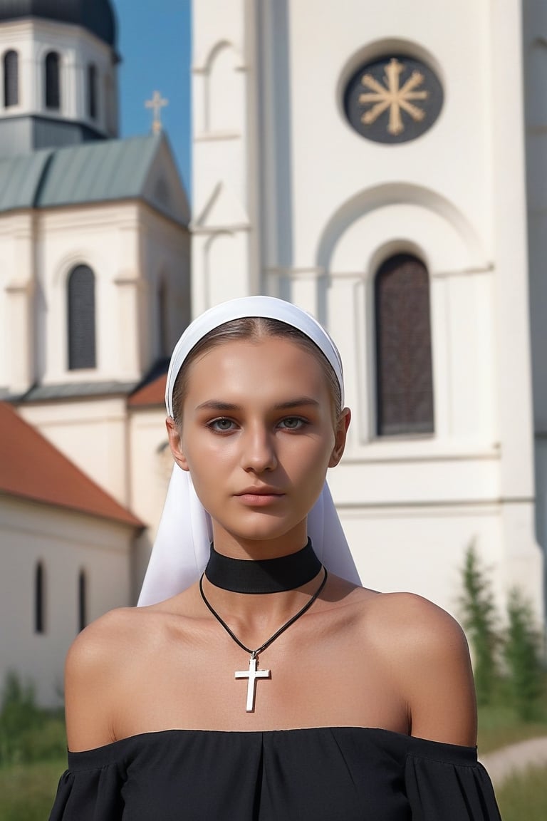 ((full body length photo)), ((nun)),pretty slavic young woman, tanned skin, realistic,  (masterpiece:1.4),  (((nun ))) outdoors, church, thin black choker, p3rfect boobs,