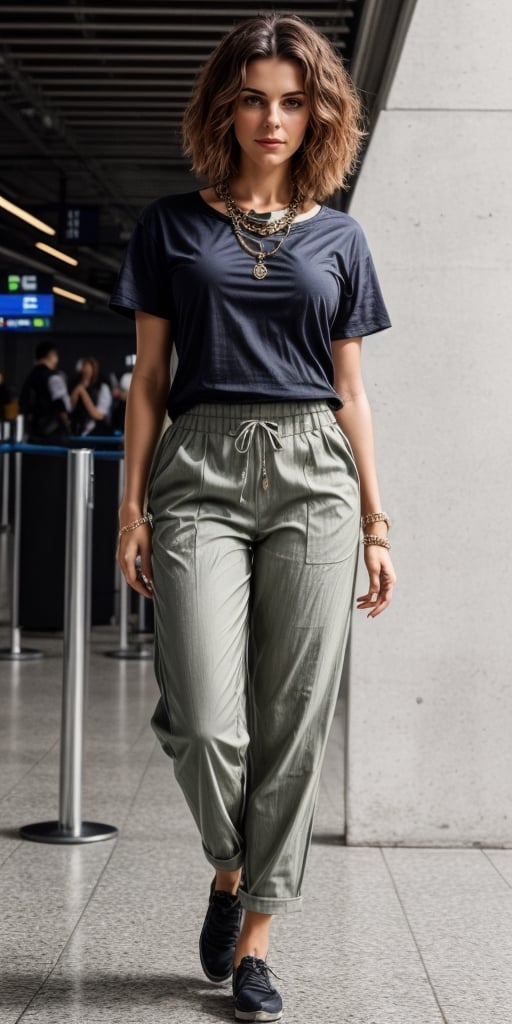 full body shot of a sexy slavic woman, viki odintcova, brown skin, 23 years old, symmetrical, ((wearing light cotton pants and a tshirt)), queing at an airport on her way to a summer holiday, colorful,casual, sunshine, lipstick, sunny daytime light, photo, cinematic, short blonde hair, pretty green eyes, messy hair, (perfect breasts, wide hips, juicy thighs), standing, stand up, dynamic pose, portrait quality face, depth of field, Hi-Definition, Best Quality, professionally shot, full view, full-length, full body shot, dynamic view, large chain around neck