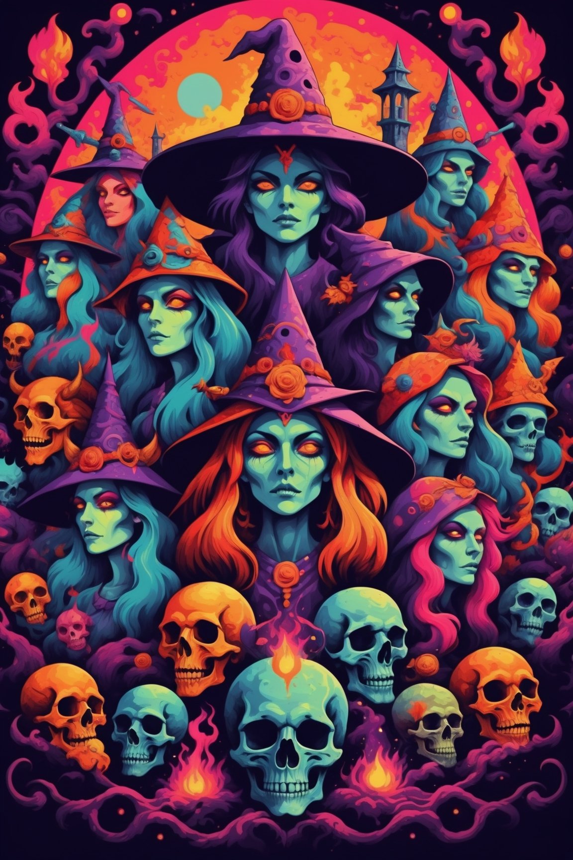 Psychedelic rock design, Witches, skulls, Demons, Medieval age, evil spirits, Sexy, high contrast color palette. 