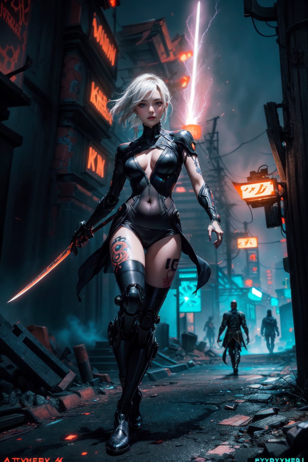 analog style, Post-apocalyptic Cyberpunk WOMAN, realistic portrait style, digital concept art, credit- Greg Rutkowski, Alphonse Mucha, H.R. Giger, Artgerm,cinematic angle ,whole body,oil painting,, original, extremely detailed wallpaper,solo,{beautiful detailed eyes},full body,post-apocalyptic cyberpunk world,grim and gritty,woman,cybernetic enhancements,glowing tattoos,Story, bride posing under a fairy tale, elaborate scene style, glitter, orange, realistic style, 8k,exposure blend, medium shot, bokeh, (hdr:1.4), high contrast, (cinematic, dark orange and white film), (muted colors, dim colors, soothing tones:1.3), low saturation, (hyperdetailed:1.2), (noir:0.4),Wlop, breast tattoos,  sword master, womb tattoos, seductive pose, yakuza, blade, samurai, weapon, full body, tattoos,  arounding bat, dramatic background, ,gwen stacy, yorha no. 2 type b, riding kawasaki ninja h2r,yofukashi background,(EnergyVeins:1.4)