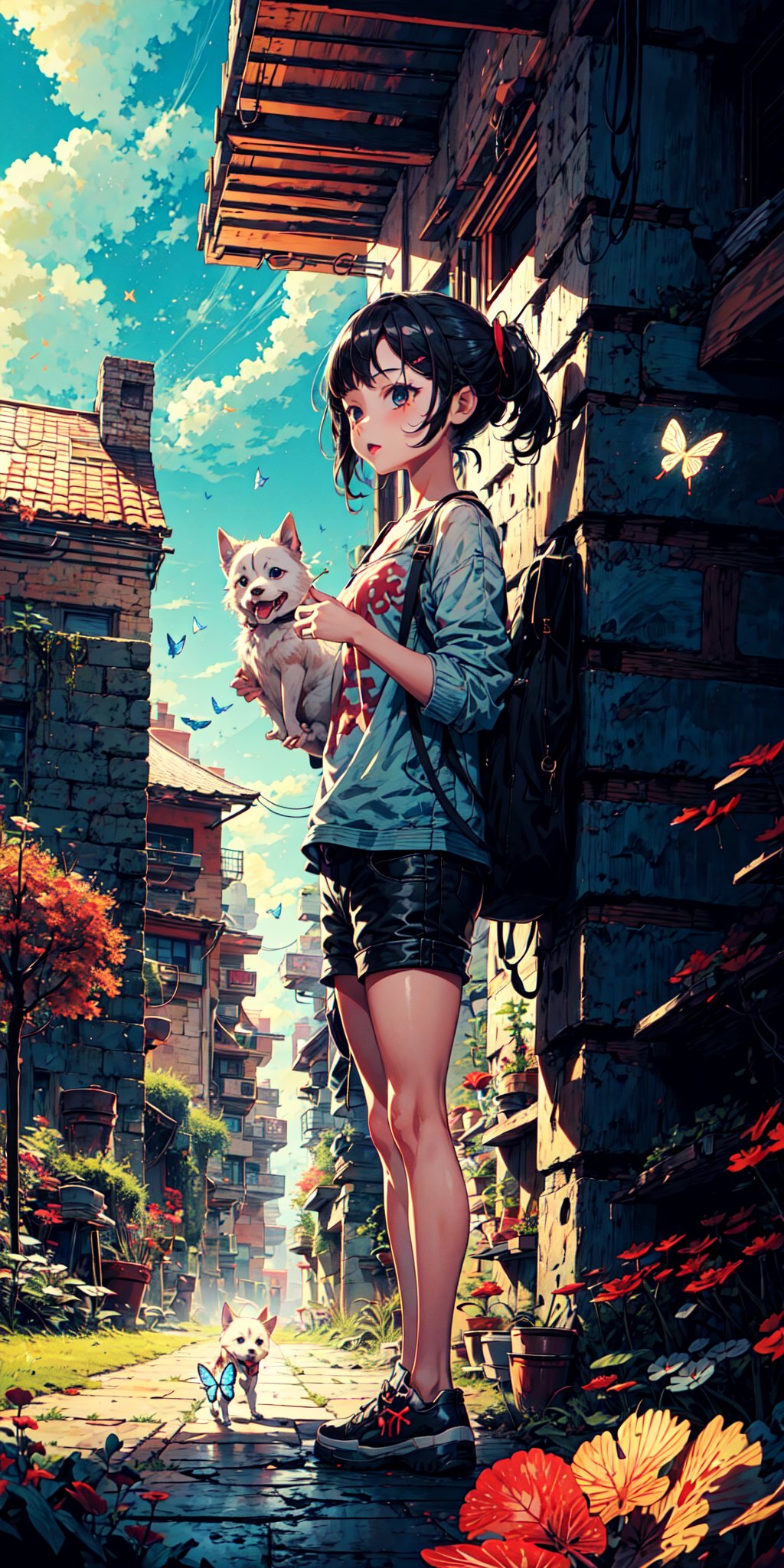 1girl, ,candystyle, little girl, playing with butterfly, park, beautyful place, green, anime, nature_background, dramatic, film, 4k, blue sky, white cloud,fantasy_world, with little dog, siberian husky