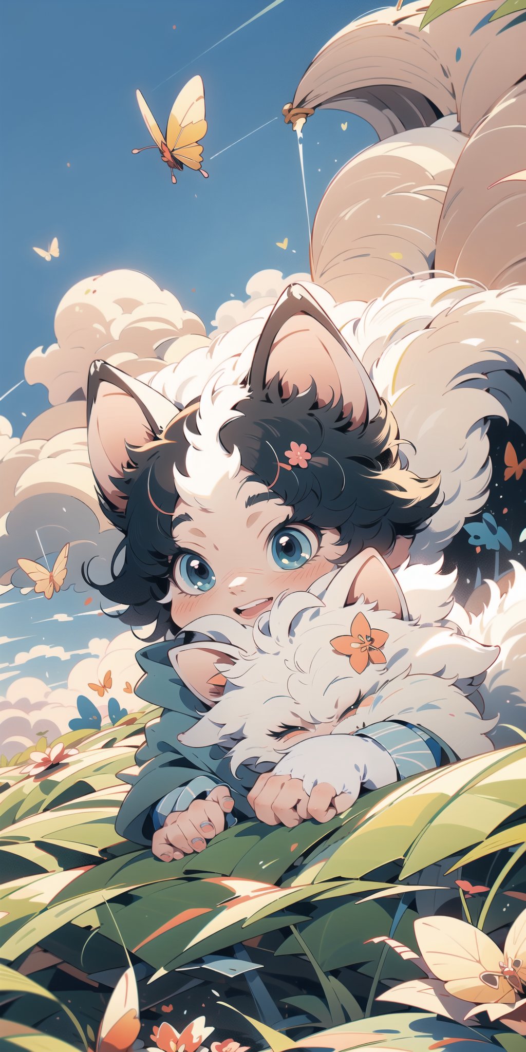 1girl, ,candystyle, little girl, playing with butterfly, park, beautyful place, green, anime, nature_background, dramatic, film, 4k, blue sky, white cloud,fantasy_world, with little dog, siberian husky, ,flower background, nice lightning, shading, dreamer girl, cute,cat