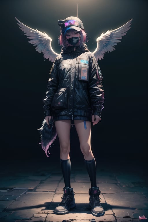 1girls, (hyperrealism:1.4), masterpiece, best quality, extremely-detailed, (((centered)), looking-at-viewer, full body, wearing mask, hat bill or visor, LUCY \(CYBERPUNK\), midnight, hdr, side lighting, cyberpunk style, left hands with long claws, angelic_wolf