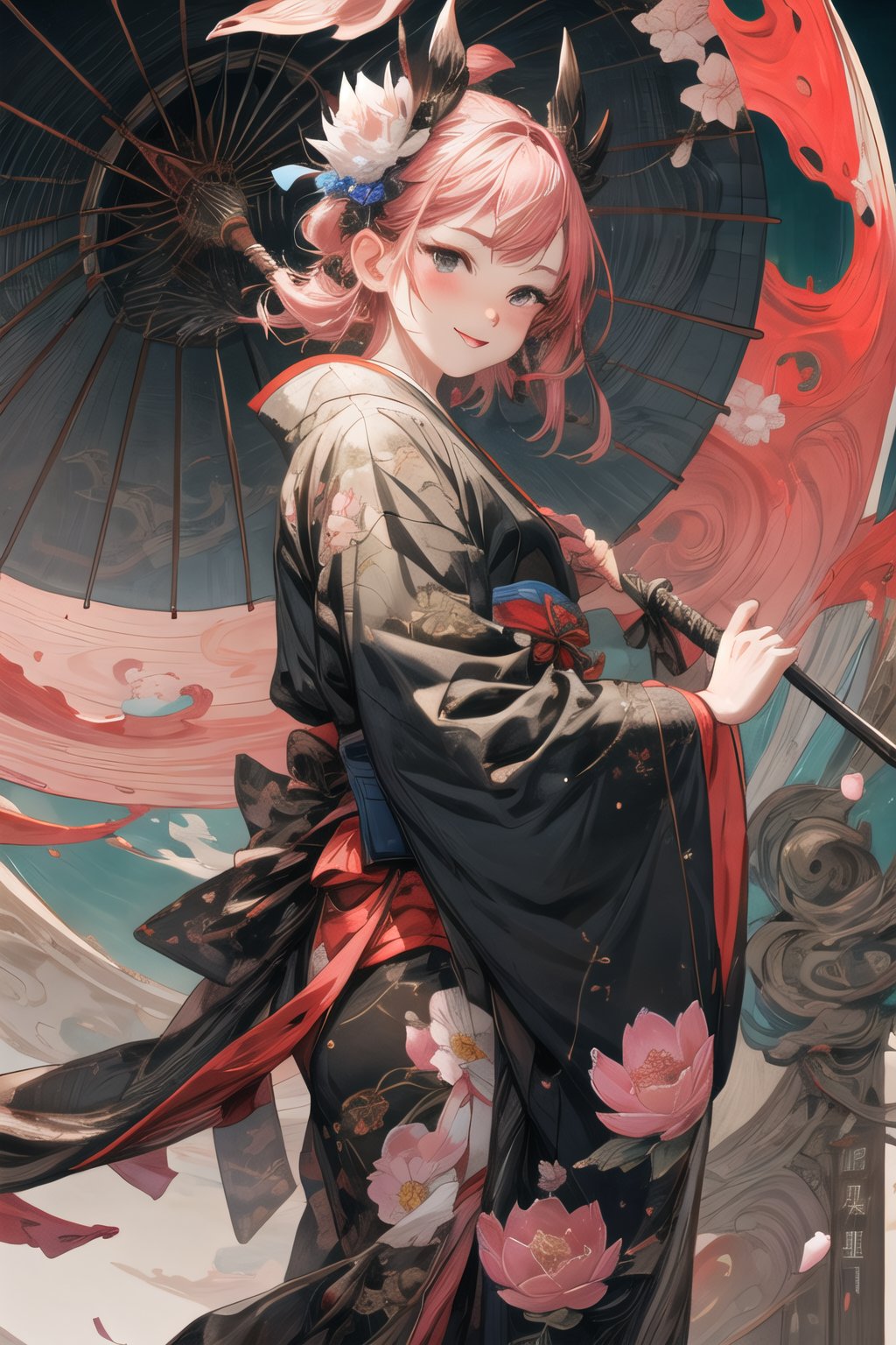 masterpiece,best quality,1girl,solo,ultra-detailed,very detailed illustrations,extremely detailed,intricate detailed,highres,super complex detailes,extremely detailed 8k cg wallpaper,low angle,caustics,reflection,rays,short pink hair, Japanese outfit,smile,blush,black eyes,looking at viewer,cherry blossom background,no_humans,scenery, blue Japanese umbrella, lotus, flower,weapon, water