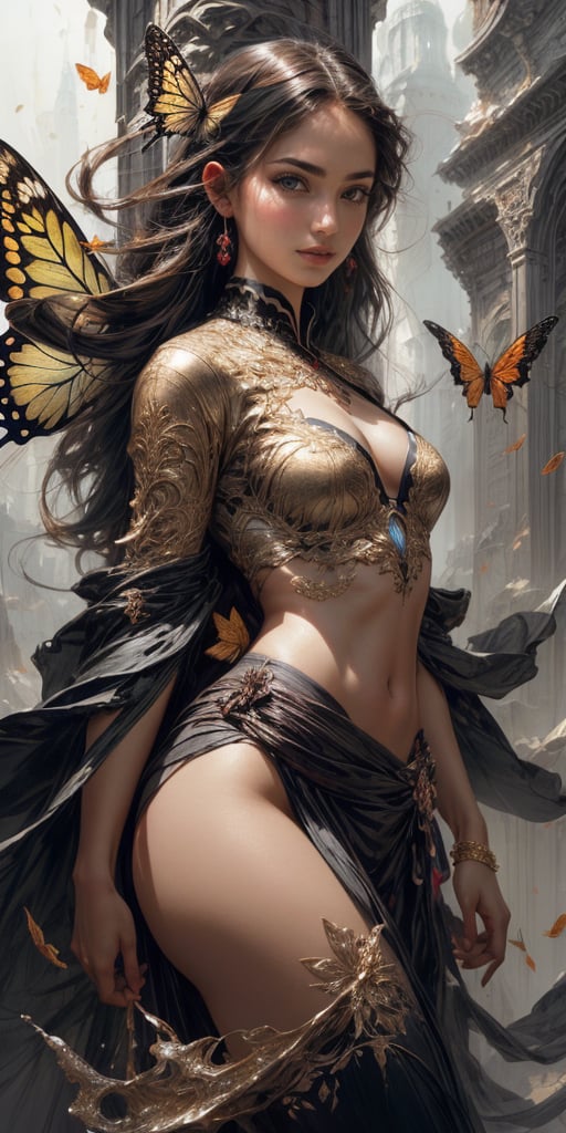 1girl, 8k, intricate, elegant, highly detailed, majestic, digital photography, art by artgerm and ruan jia and greg rutkowski surreal painting gold butterfly filigree, broken glass, (masterpiece, sidelighting, finely detailed beautiful eyes: 1.2), hdr, full_body, magic wand, water binder 